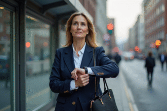 Femme en costume bleu marine attendant au bus
