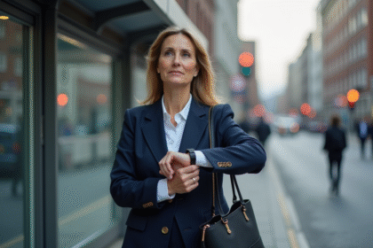Femme en costume bleu marine attendant au bus