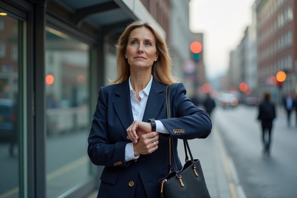 Femme en costume bleu marine attendant au bus
