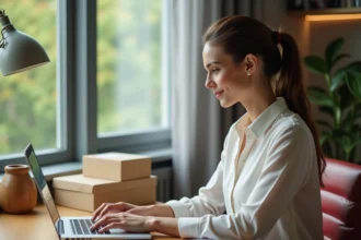 Femme professionnelle au bureau organisant ses colis
