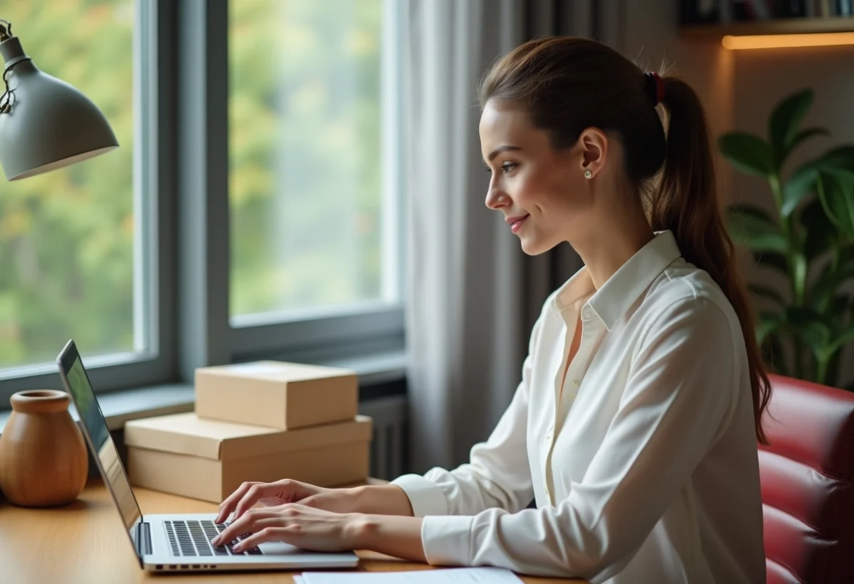 Femme professionnelle au bureau organisant ses colis