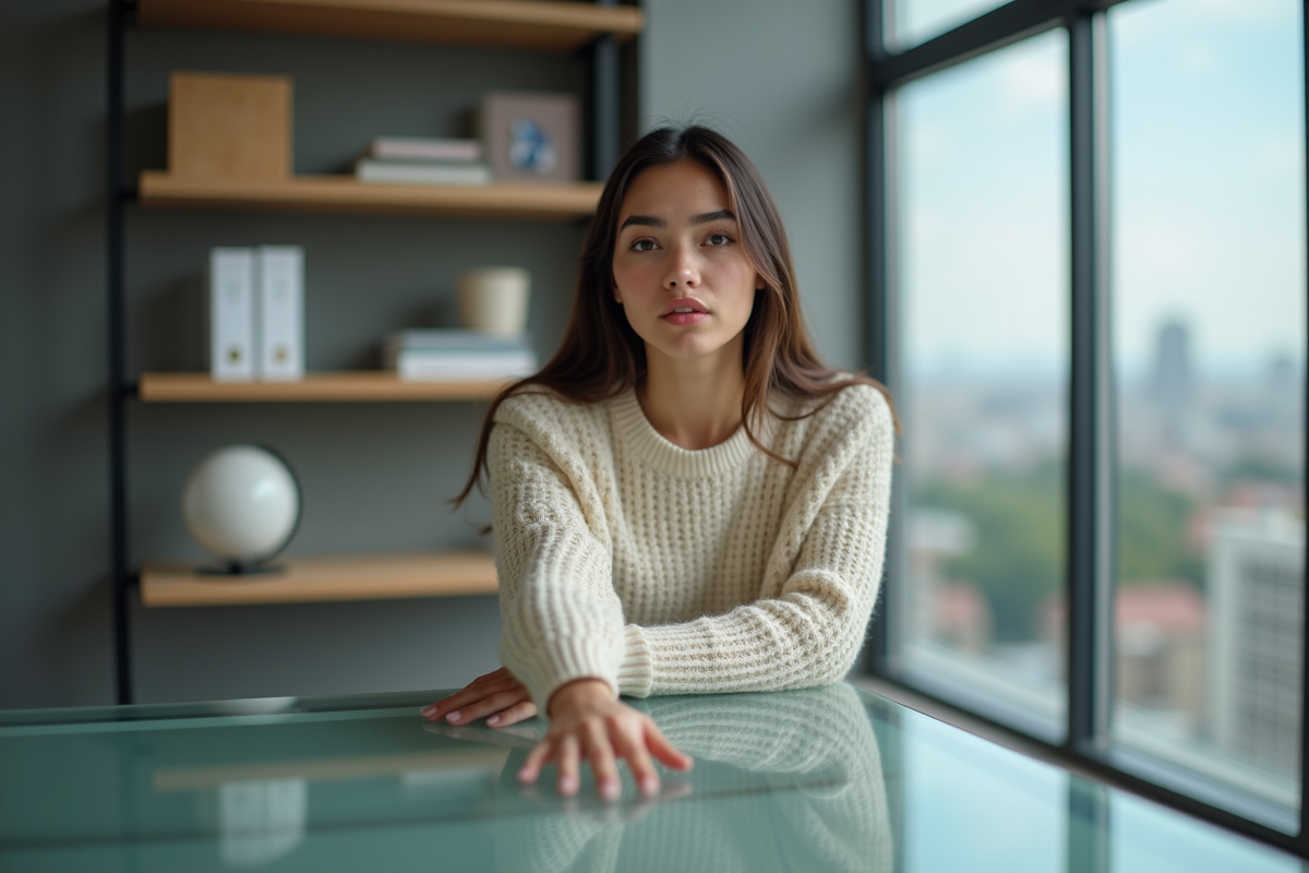 Jeune femme essayant de pousser sa main sur un bureau en verre