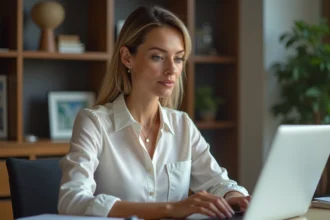 Femme d'âge moyen tapant son mot de passe sur un ordinateur à domicile