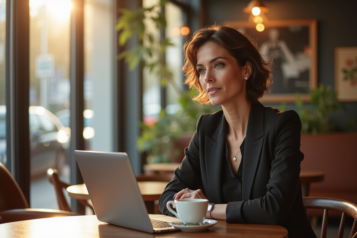 Femme élégante travaillant dans un café en matinée