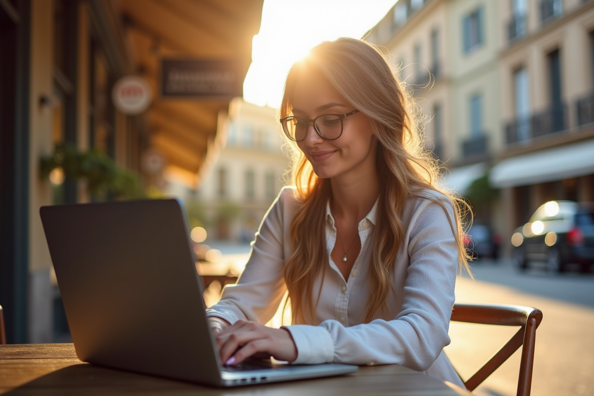 Jeune femme vérifiant ses emails au café à Montpellier
