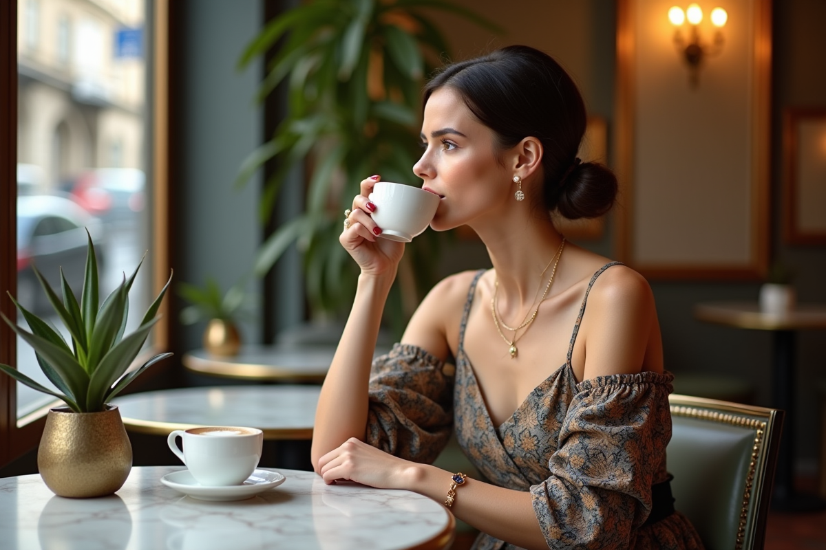 Jeune femme sophistiquée sirotant un cappuccino au café