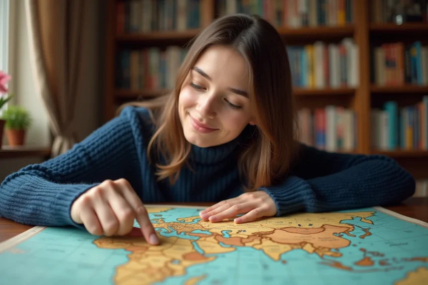 Jeune femme étudiant une carte du monde vintage sur un bureau en bois, testant ses connaissances des capitales