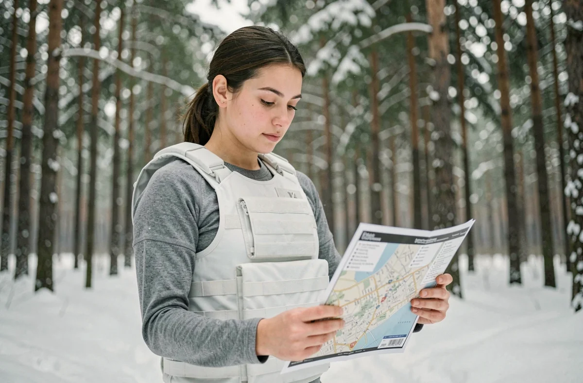Femme consultant une carte lors d'un événement spécial Whiteout Survival en forêt enneigée