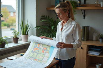 Femme d'âge moyen étudie une carte de zonage dans un bureau