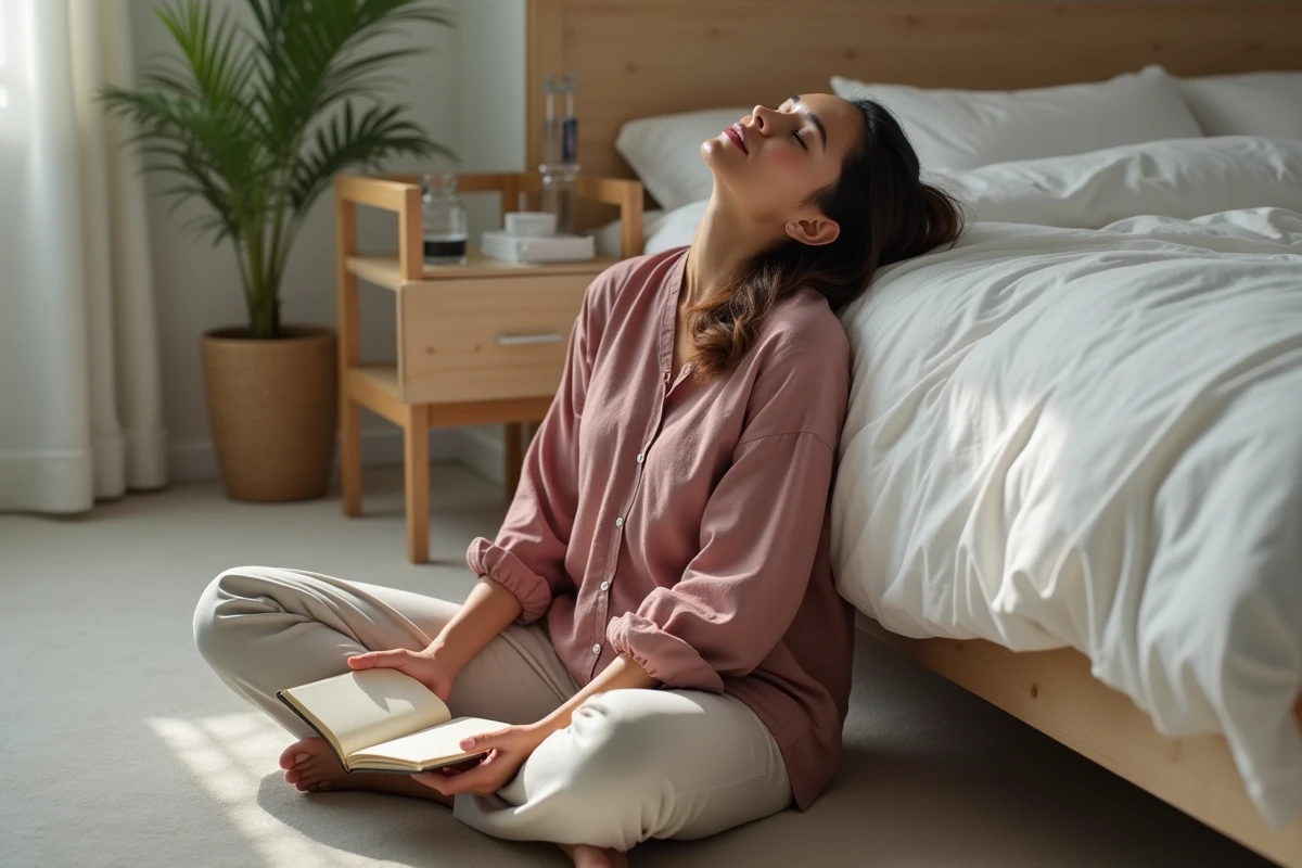 Femme assise sur le sol de sa chambre avec un journal, les yeux fermés, dans un moment d'apaisement émotionnel après une peine d'amour
