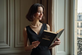 Femme élégante lisant un livre Chanel près d'une fenêtre parisienne
