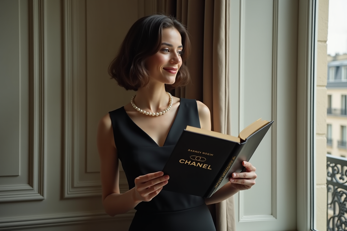 Femme élégante lisant un livre Chanel près d'une fenêtre parisienne