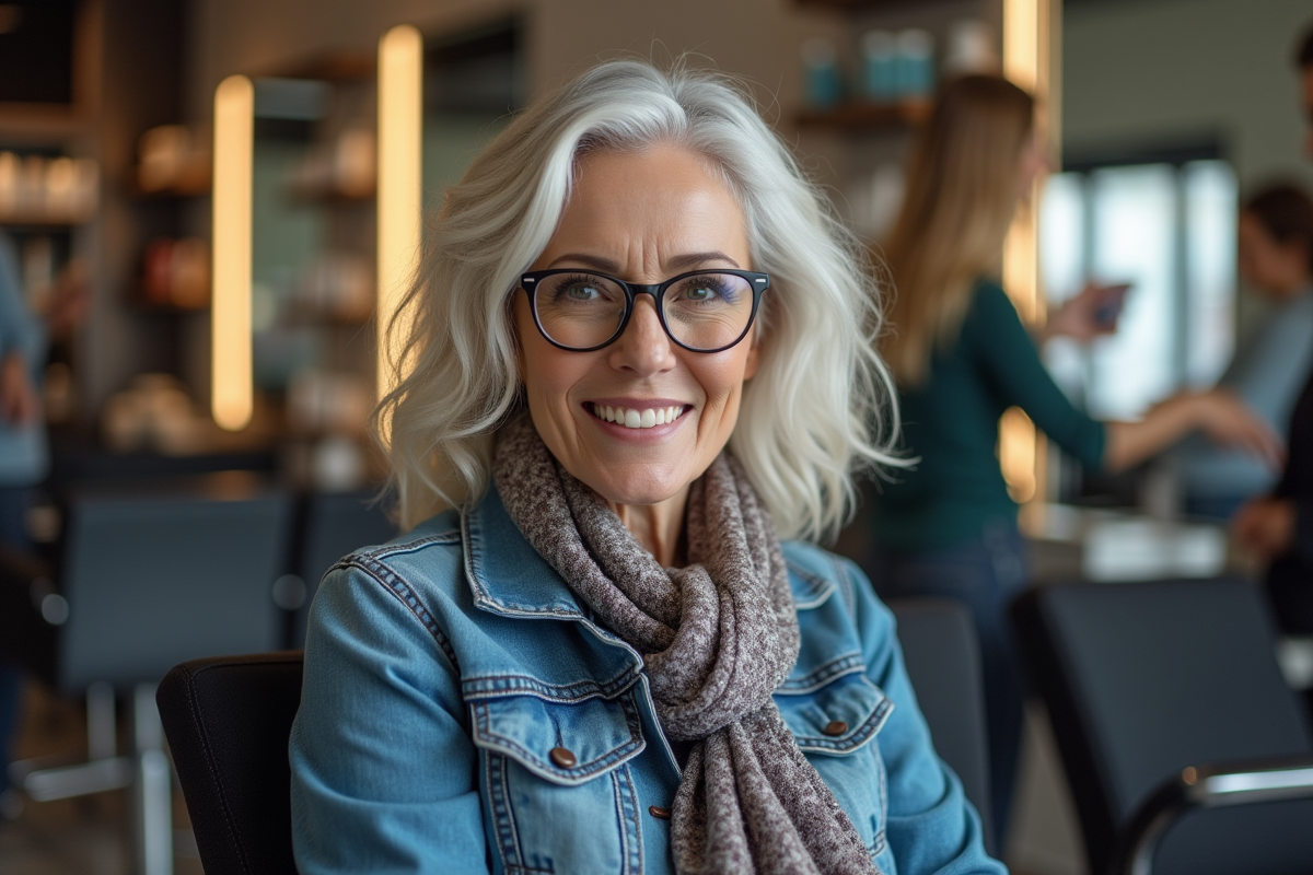 Femme souriante en salon de coiffure avec lunettes