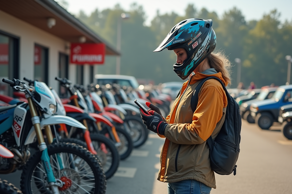 Femme motocross compare prix sur smartphone devant deux motos
