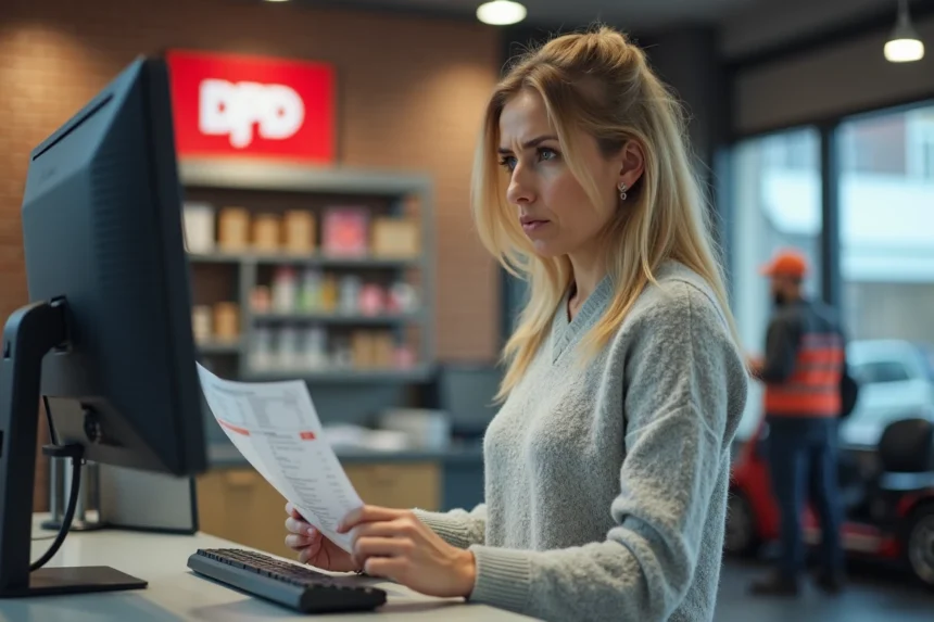 Femme à un comptoir d'agence DPD tenant un avis de passage pour débloquer un colis en attente