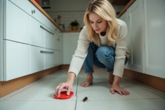 Femme en homewear posant un piège à cafard dans la cuisine