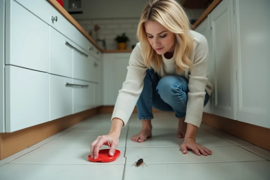 Femme en homewear posant un piège à cafard dans la cuisine