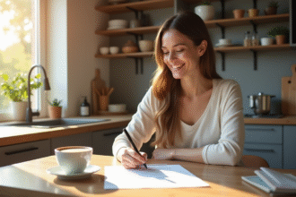 Femme souriante remplissant des papiers dans la cuisine