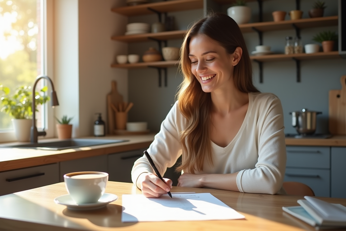 Femme souriante remplissant des papiers dans la cuisine
