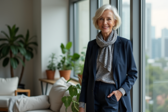 Femme élégante en blazer navy dans un salon lumineux
