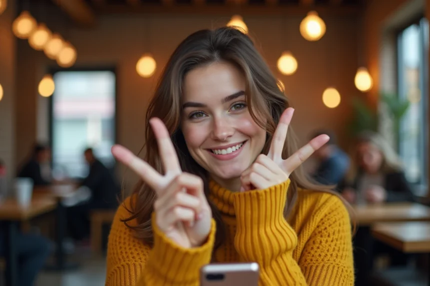 Jeune femme souriant en croisant les doigts devant son smartphone dans un café moderne, illustrant l'emoji doigts croisés pour WhatsApp et Instagram