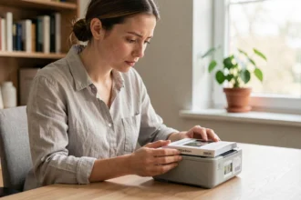 Femme examinant attentivement une imprimante photo portable sur un bureau en bois avant achat