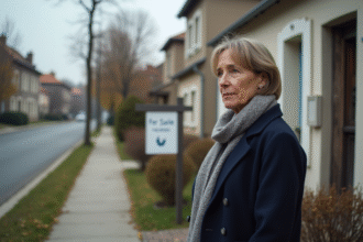 Femme contemplant un panneau à vendre devant une maison