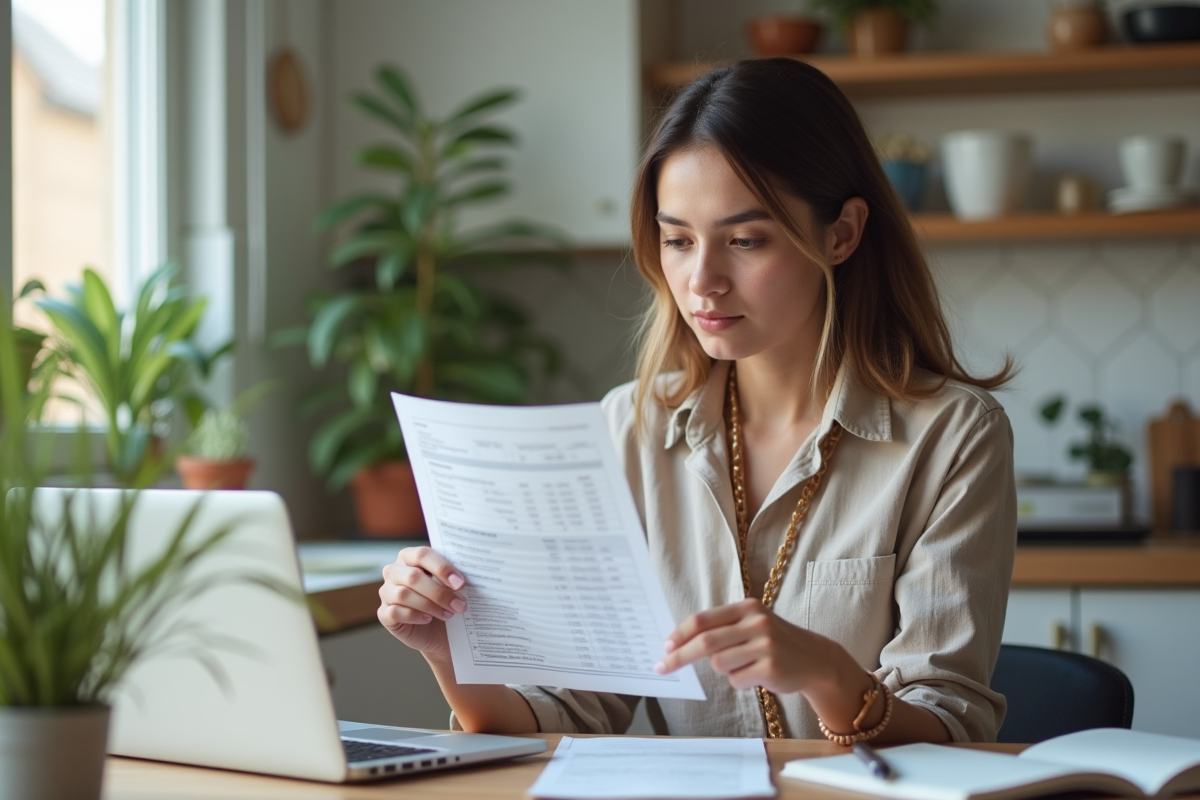 Jeune femme à la maison analysant un relevé financier sur la cuisine