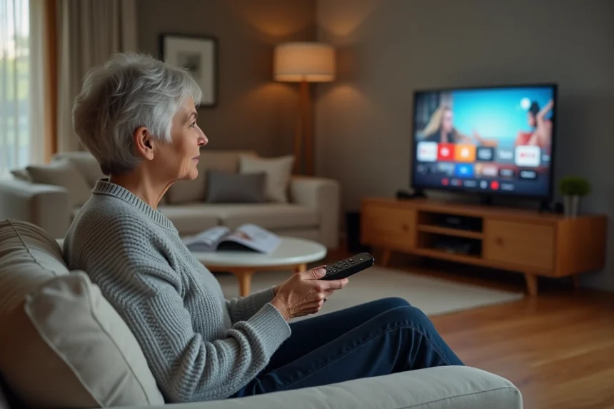 Femme d'âge mûr sur un canapé consultant un guide TV avec une télécommande en main dans un salon moderne