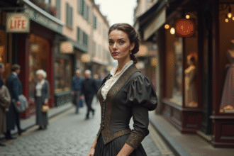 Femme en robe 19e siècle devant boutique européenne