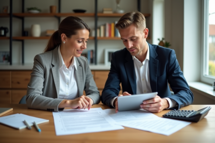 Une femme et un homme discutent de contrats immobiliers à la maison
