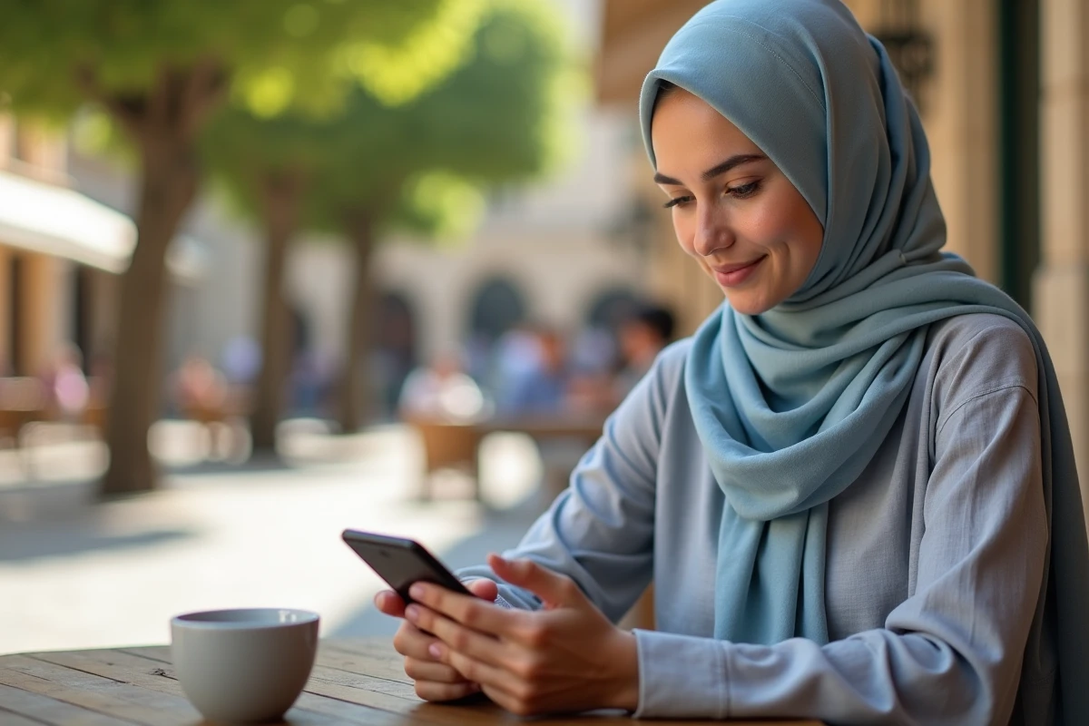 Femme consultant l'horaire de prière sur smartphone en terrasse à Béziers
