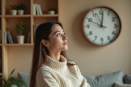 Femme contemplant une horloge murale affichant 12h12 dans un appartement moderne, signe miroir de l'univers
