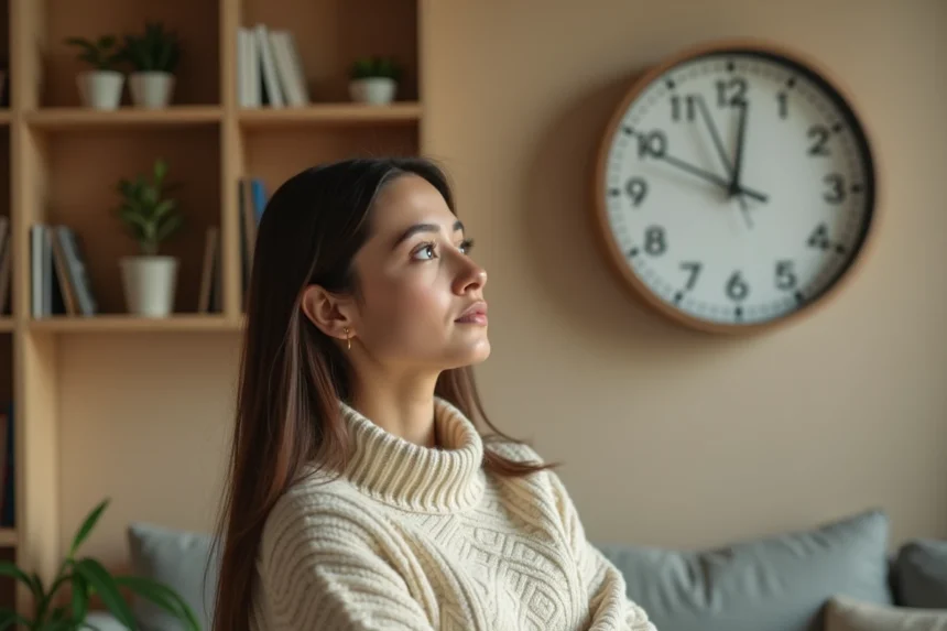 Femme contemplant une horloge murale affichant 12h12 dans un appartement moderne, signe miroir de l'univers