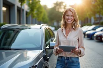 Femme souriante avec voiture hybride et tablette en extérieur