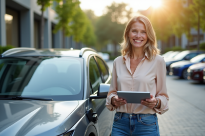Femme souriante avec voiture hybride et tablette en extérieur