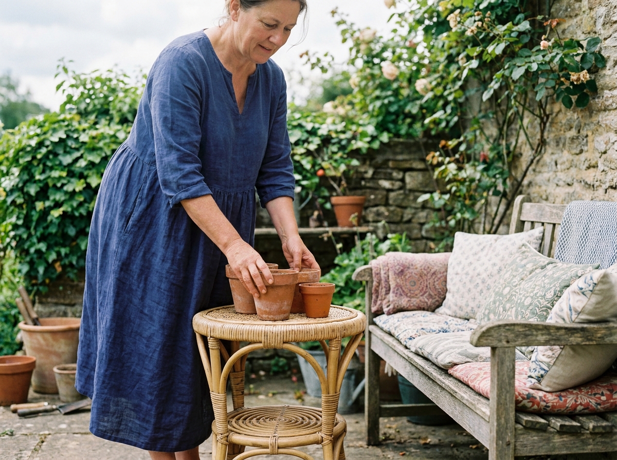 Femme en robe bleue arrangeant des plantes en extérieur