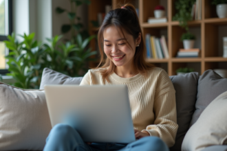 Jeune femme détendue avec ordinateur dans un appartement cosy