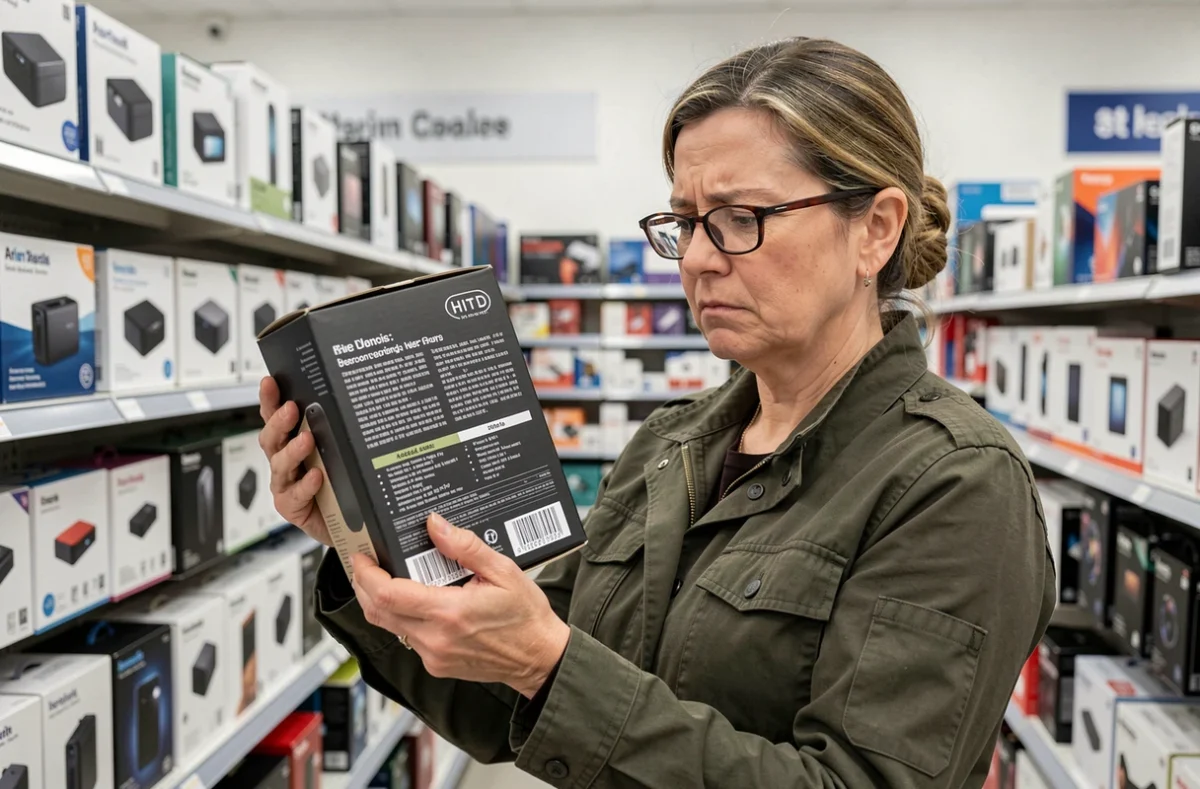 Femme lisant attentivement les caractéristiques d'une imprimante photo portable en magasin électronique