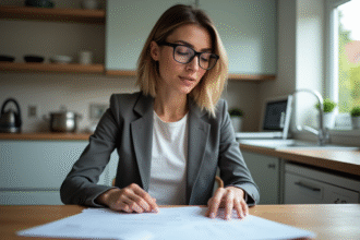 Femme en blazer lisant documents de mortgage à la maison