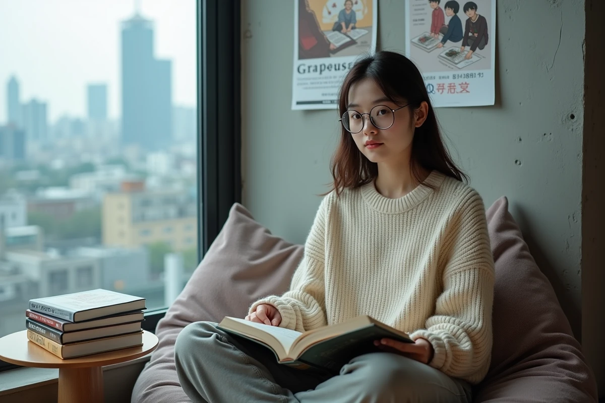 Jeune femme lisant un webtoon coréen dans un appartement moderne avec des volumes de manga empilés à côté d'elle
