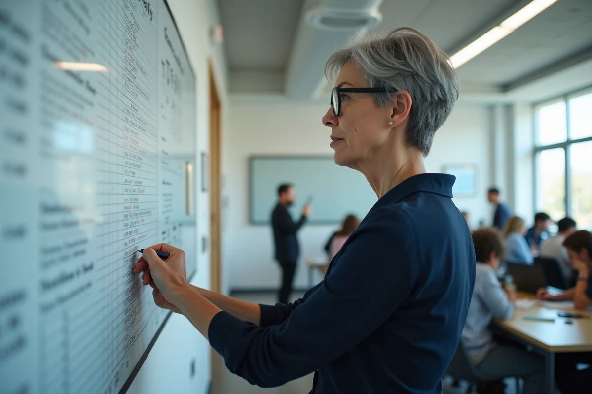 Femme marquant une echelle de salaire dans une salle