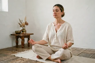 Femme en méditation silencieuse récitant un mantra dans une salle minimaliste avec bol chantant et autel en bois