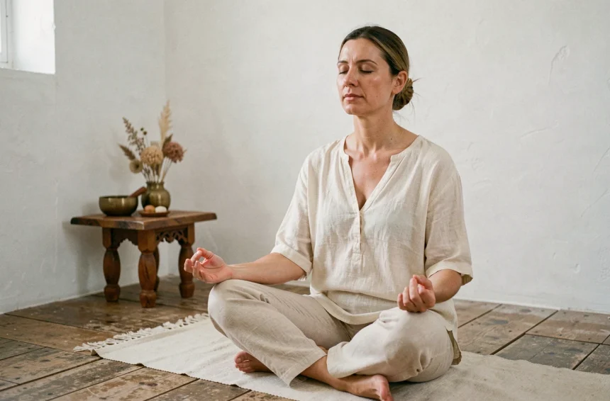 Femme en méditation silencieuse récitant un mantra dans une salle minimaliste avec bol chantant et autel en bois