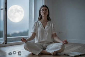 Femme méditant sous la pleine lune de novembre près d'une fenêtre, pratique de la loi de l'attraction