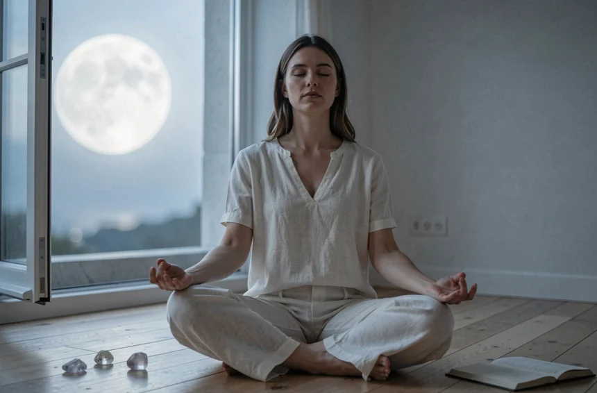 Femme méditant sous la pleine lune de novembre près d'une fenêtre, pratique de la loi de l'attraction