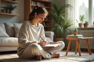 Jeune femme peignant dans son salon cosy et lumineux