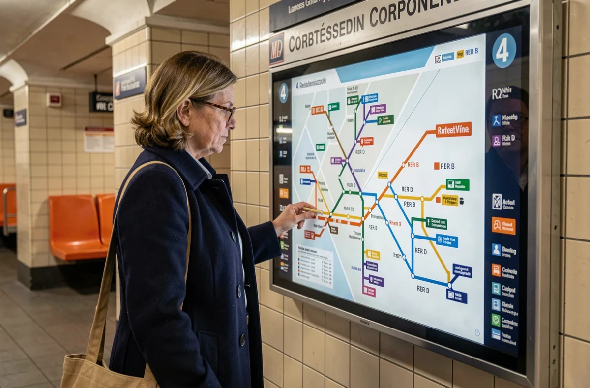 Femme consultant le plan de correspondances du métro ligne 4 avec RER et tramway dans une station parisienne