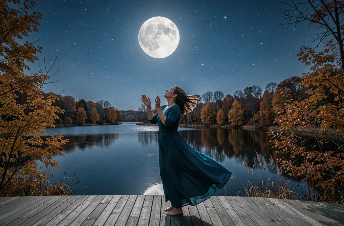 Femme sous la pleine lune de novembre en plein air au bord d'un lac en automne, énergie et attraction