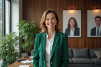 Femme en blazer vert dans un bureau moderne pour l'article